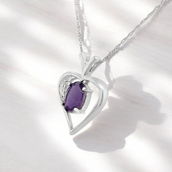 Oval Amethyst and Diamond Accent Heart Pendant in 10kt White Gold - Picture 2 of 3